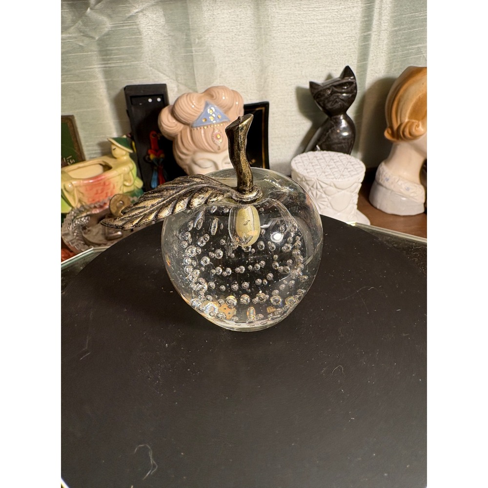 Vintage Controlled Bubble Clear Glass Apple Paperweight Gold Metal Stem Leaf
